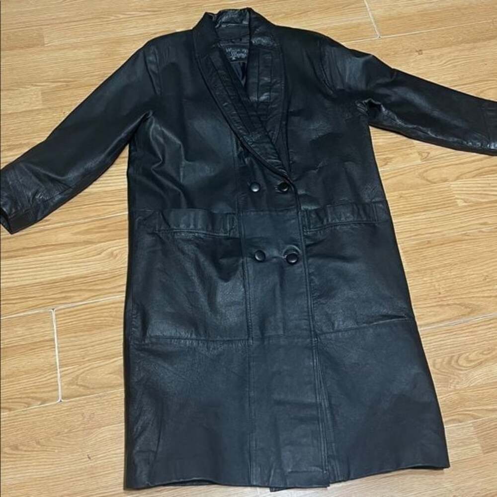 Marco Moroni Womens Vintage Leather Jacket Coat Black L  43” long